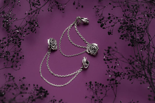 Silver rose charm with chain gothic jewelry accessory