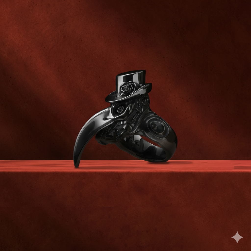 Handcrafted black plague doctor ring with gothic design