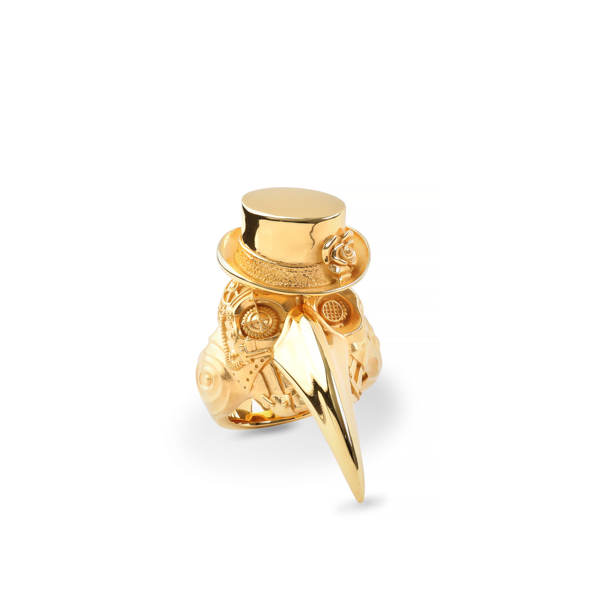 Handcrafted gold plague doctor ring with gothic design