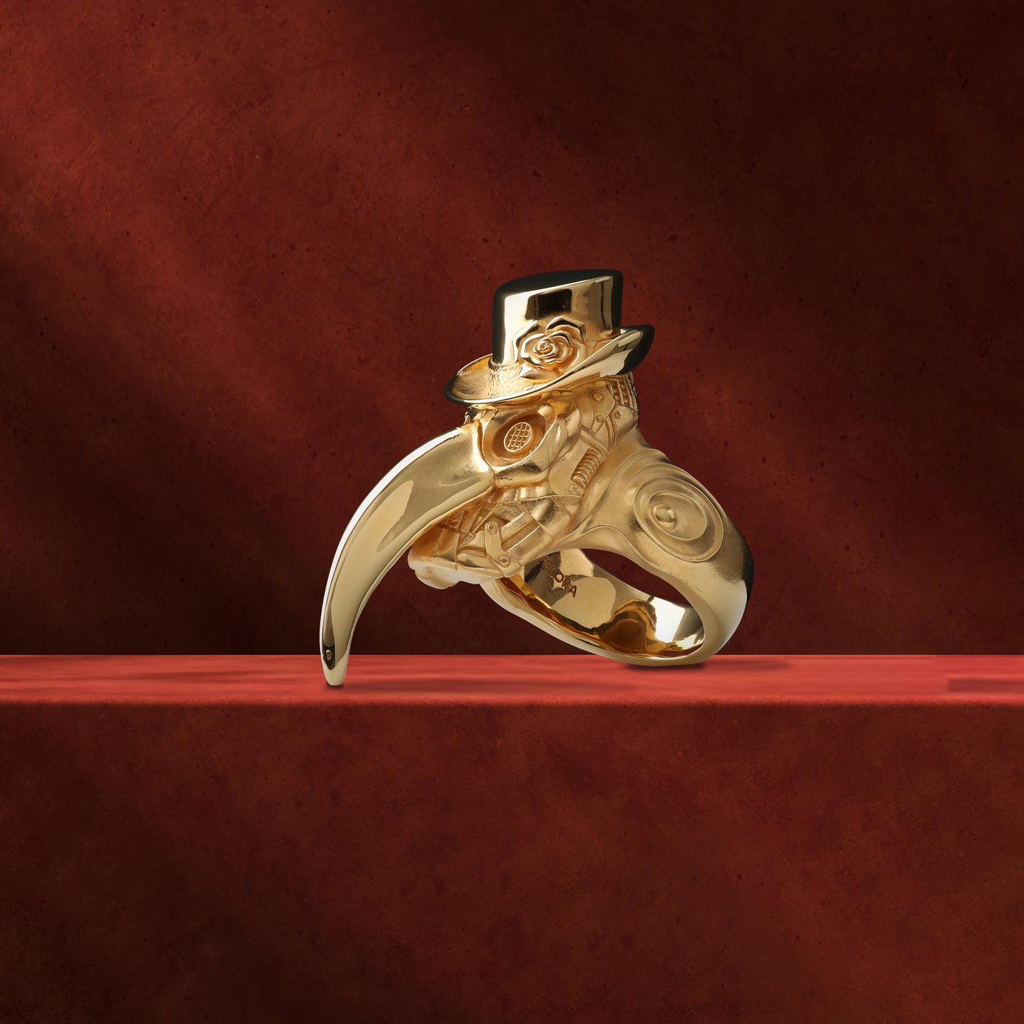 Handcrafted gold plague doctor ring with gothic design