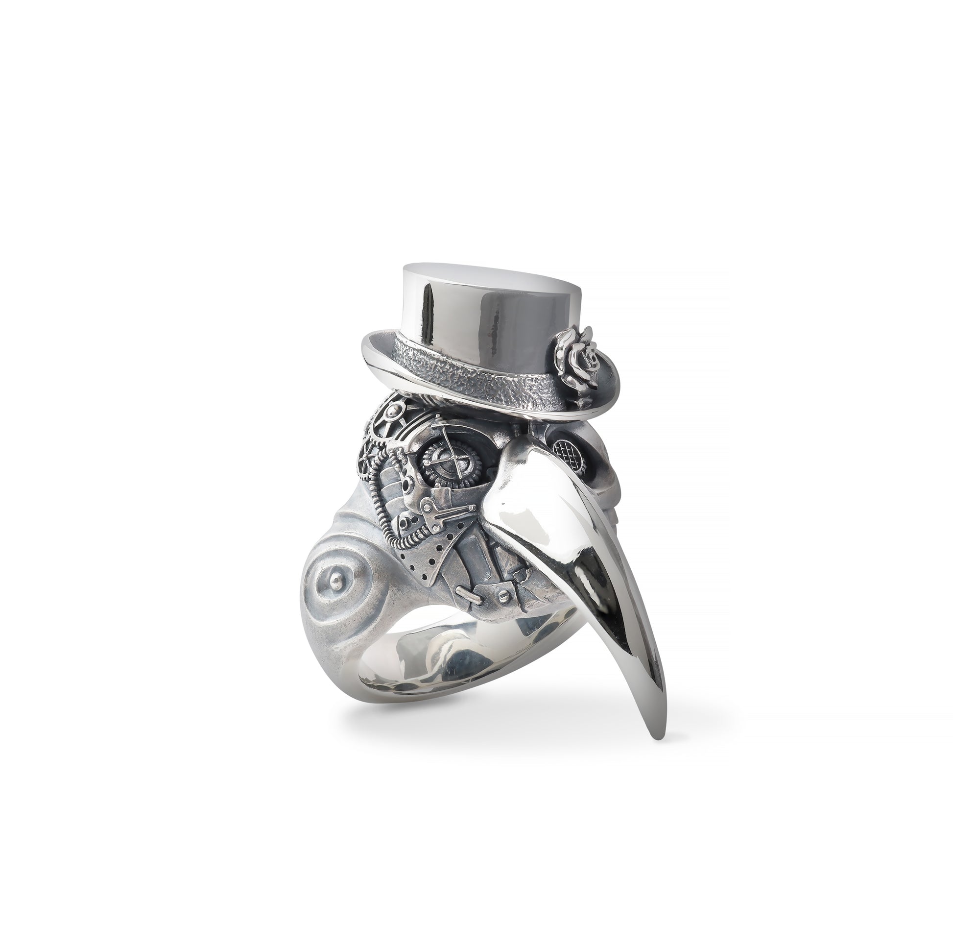 Handcrafted silver plague doctor ring with gothic design