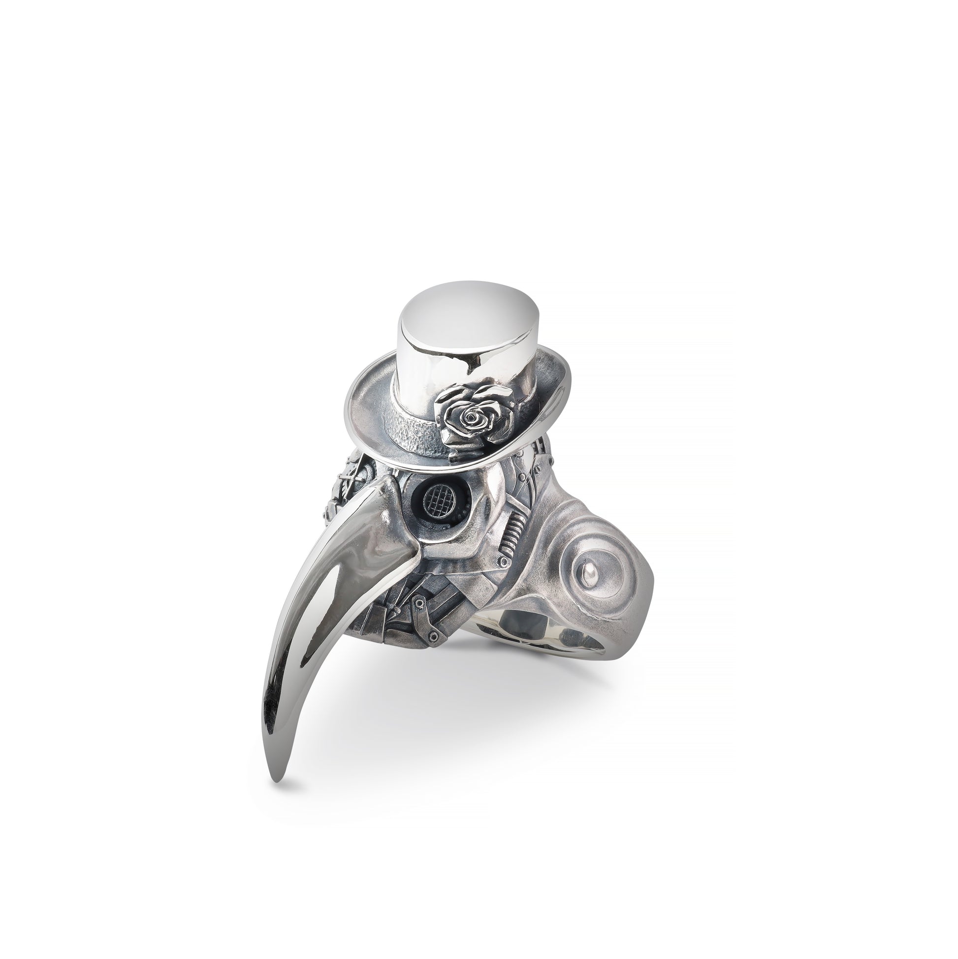 Handcrafted silver plague doctor ring with gothic design