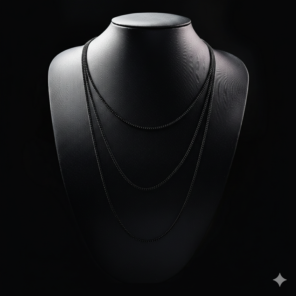 Layered black chain necklace on black display bust clarte