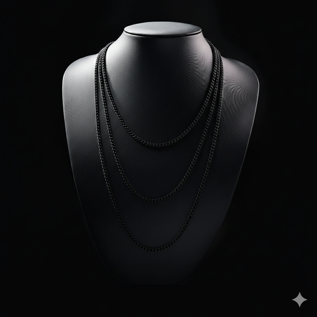 Layered black chain necklace on black display bust
