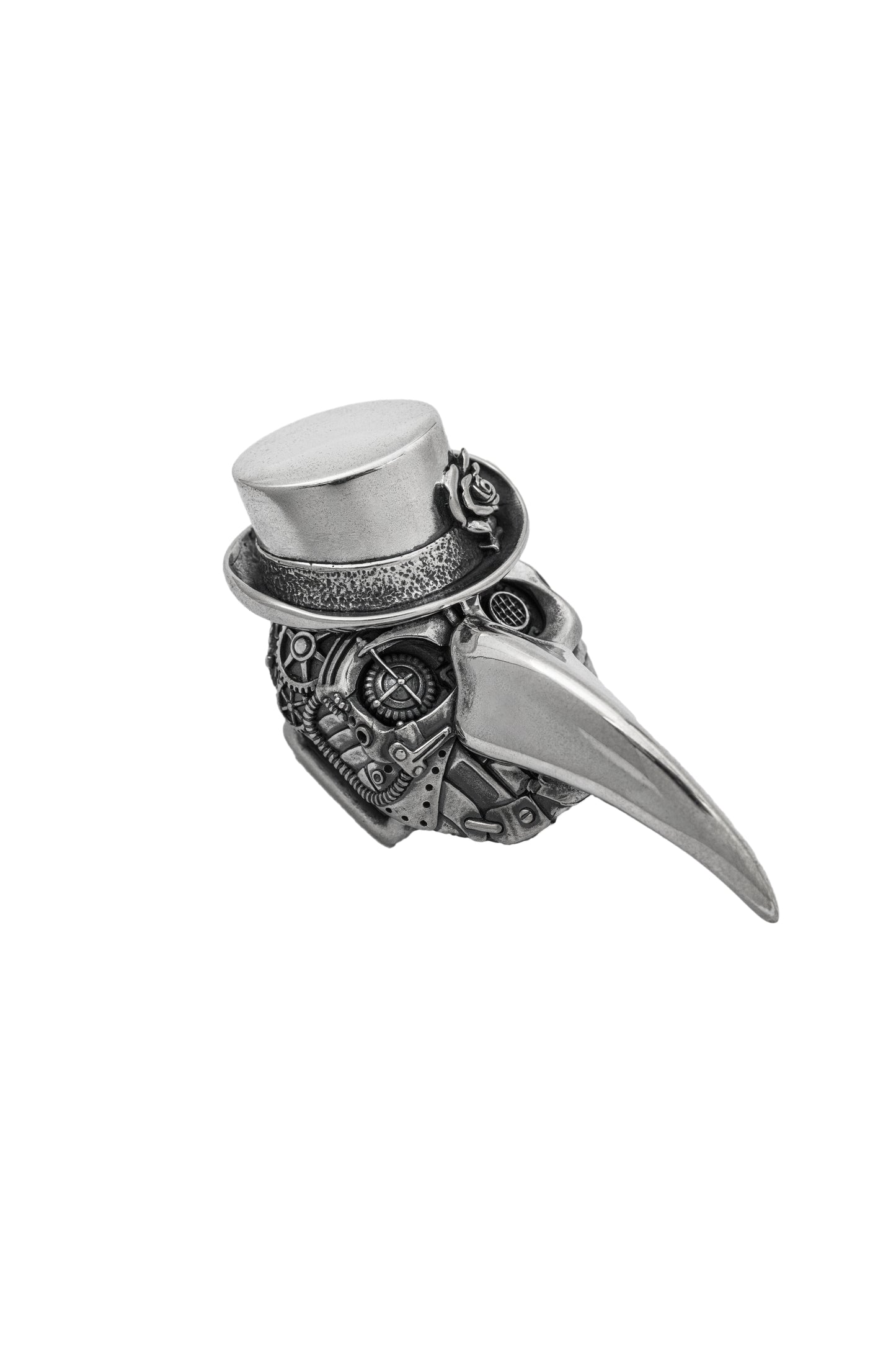 Masquerade plague doctor silver ring on black flower background