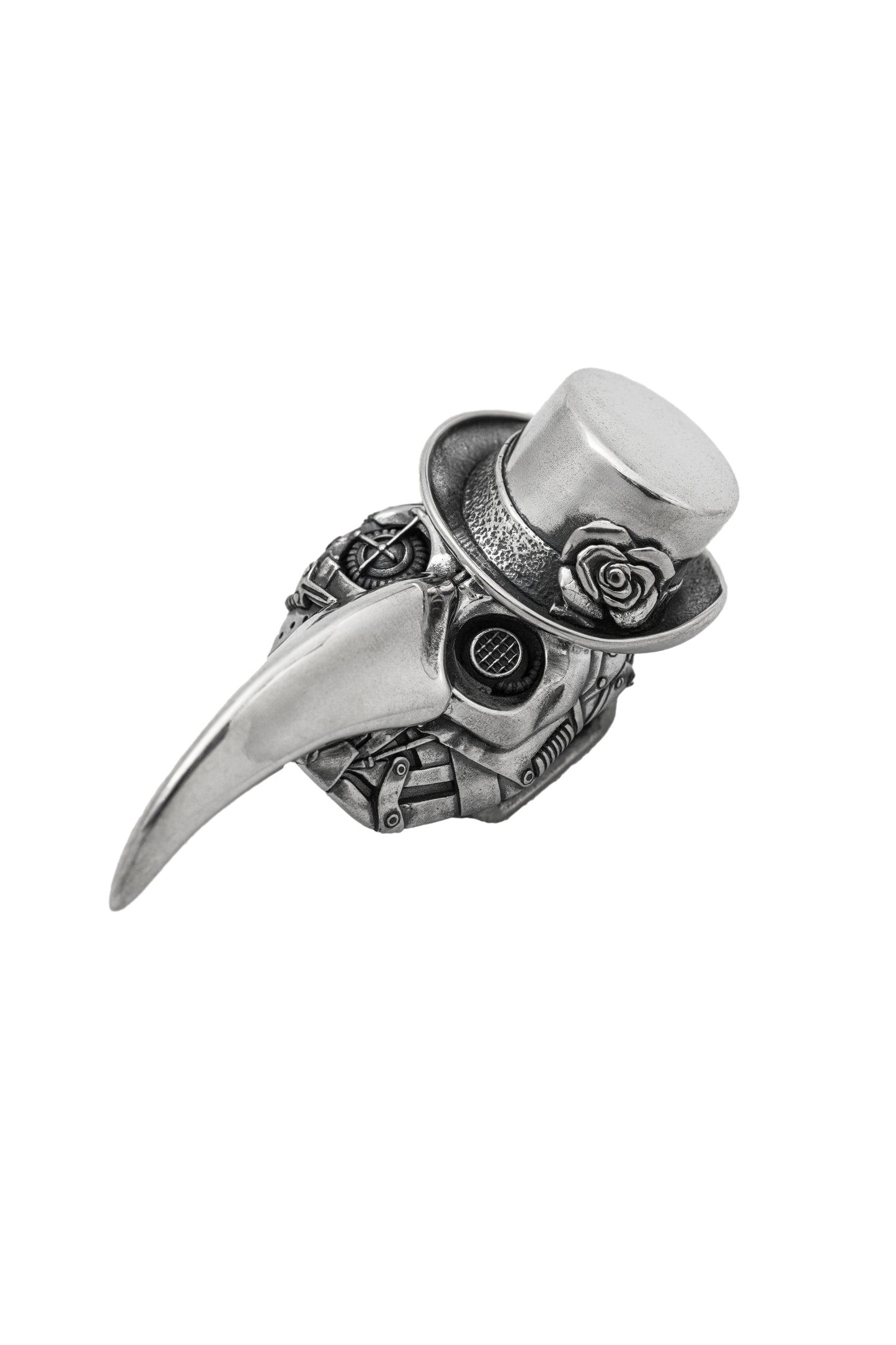Masquerade plague doctor silver ring on black flower background