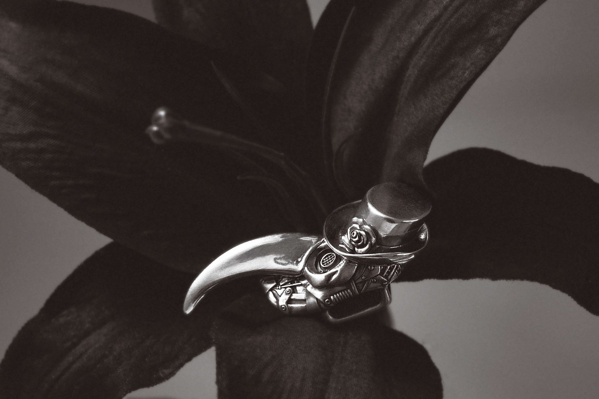 Masquerade plague doctor silver ring on black flower background