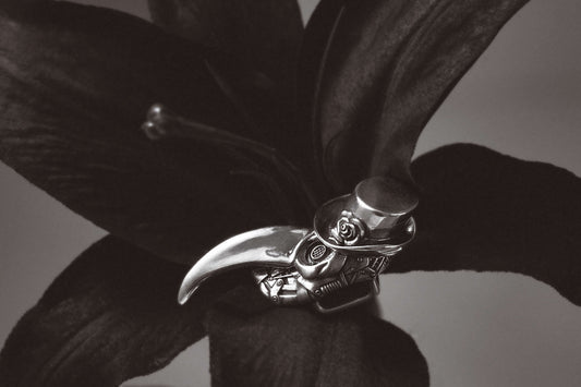 Masquerade plague doctor silver ring on black flower background