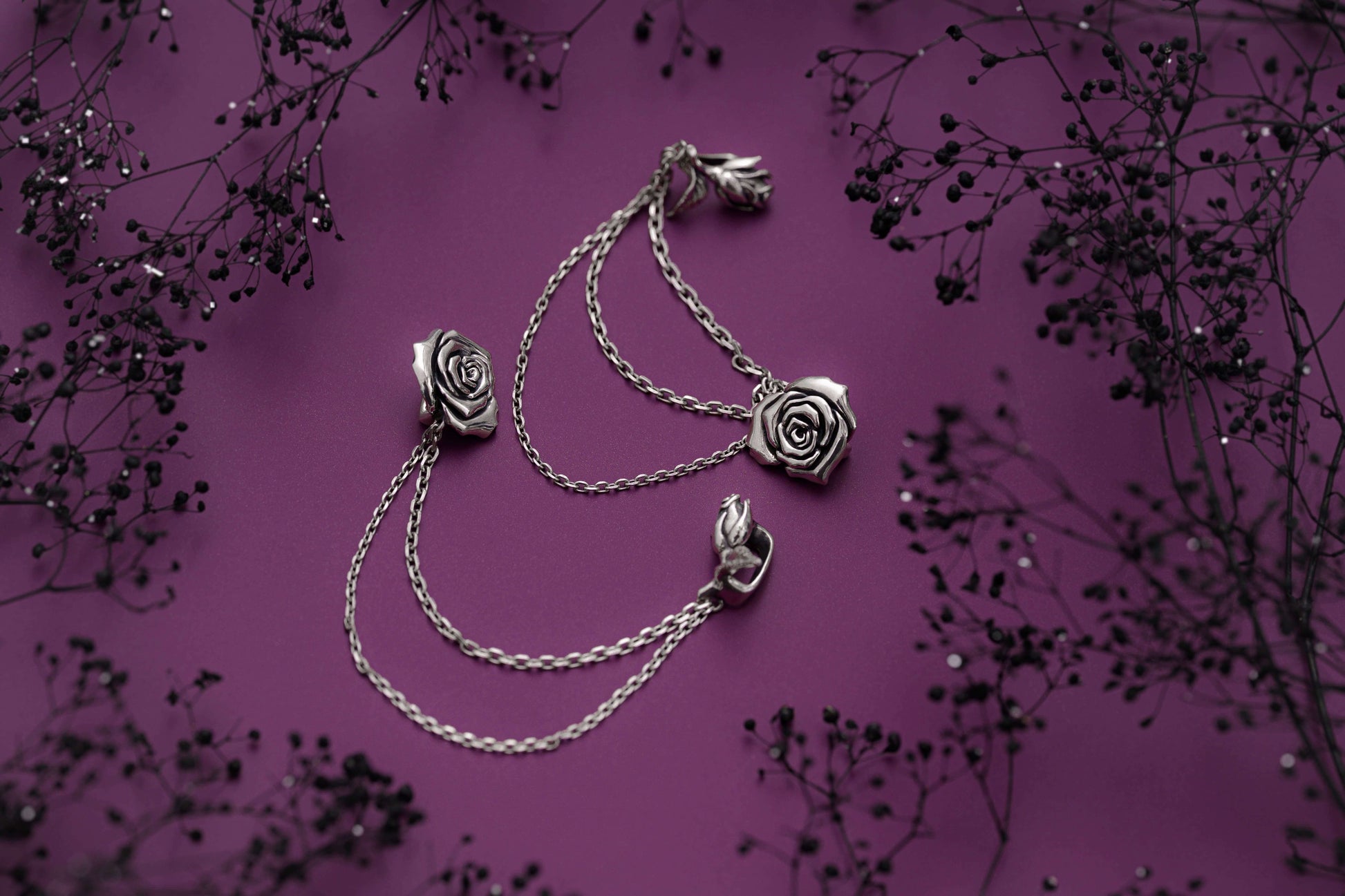 Silver rose charm with chain gothic jewelry accessory